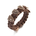 Close-up of hand-woven rope bracelet with vintage bronze dragon shield charm - Brown (ABL180-4)