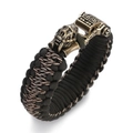 Detail of army green and brown braided paracord bracelet with bronze skull and buckle - Army Green Bronze Skull Style (ABL191-1)