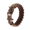 Brown braided paracord men's bracelet with antique bronze rhino head metal clasp - Adjustable Open / Coffee