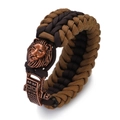 Men's paracord bracelet with lion head metal charm in brown and khaki woven style - Two-Tone Brown Woven Copper Lion Head Style (ABL207-3)