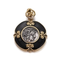 Detailed close-up of a vintage round pendant with relief portrait and black enamel inlay - Black Enamel Color Blocking Relief Style (YSN021-02)