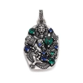 Detail view of Gothic skull and lion pendant with blue and green zircon gemstones - Vintage Silver Gothic Mixed Elements Style (YSN022-02)