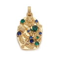 Vintage hip hop oval pendant with gold lion, skull and eagle relief and green gems - Gold Oval Embossed Combination Style (YSN022-03)