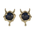 Golden Devil Eye stud earrings with blue pupils and horn details on white background - Devil Horn Fluid Blue Eye (YSE008-2) / 18K Gold