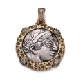 Vintage bronze coin pendant with silver portrait relief and gold-plated textured frame - Honeycomb Pattern Zirconia Coin Style (YSN021-04)