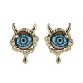 Minimalist golden devil eye stud earrings with detailed blue eyeball and drop design - Devil Horn Lava Blue Eye (YSE008-3) / 18K Gold