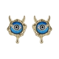 Gothic demon eye stud earrings in gold finish with blue center and horn detail - Devil Horn Pointy Blue Eye (YSE008-4) / 18K Gold