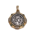 Vintage bronze coin pendant with silver relief portrait and green gemstones - Green Gem Embellished Two Tone Coin Style (YSN021-06)