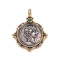 Vintage gold and silver bronze coin pendant with green gem and relief portrait - Green Gem Clasp Contrast Coin Style (YSN021-07)