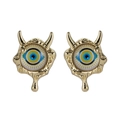 Gothic gold evil eye stud earrings with demon horns and blue fluid drip accents - Devil Horn Punk Blue Eye (YSE008-5) / 18K Gold