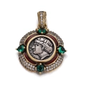Retro bronze coin pendant with silver portrait relief and green emerald accents - Colored Enamel Four Corner Green Gem Style (YSN021-09)