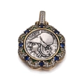 Vintage bronze coin pendant with silver Athena relief and green enamel star frame - Star Outline Blue Tone Decor Style (YSN021-10)