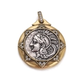 Vintage gold and silver Roman medallion pendant with gladiator portrait and rhinestones - Radial Geometric Figure Style (YSN021-11)