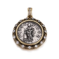 Vintage Roman coin pendant with silver portrait relief and gold gemstone border - PIETAS Classical Lettering Coin Style (YSN021-12)