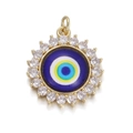 Macro shot of evil eye pendant with blue enamel and sparkling cubic zirconia crystals - 18K Gold / Dark Blue Yellow Concentric Circle Style (YSN032-03)