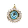 Macro detail of gold evil eye pendant with micro-pave zircons and blue enamel eye inlay - 18K Gold / Blue Green Sunflower Style (YSN032-04)