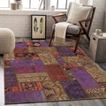 Detail of retro bohemian patchwork carpet with vintage patterns in a cozy bedroom setting - 40x60cm (Skin-friendly Surface) / Purple Dark Brown Moroccan (415PBDT-8)