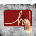 Modern red entrance doormat with 'hi!' lettering and a tabby cat on a gray floor - 40x60cm / Red