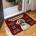 Détail du paillasson écossais avec chien et citations d'humour sur parquet - 40x60cm / Chien à Carreaux Britannique (XSGG-4)
