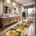 Détail du tapis de bain gris avec grand motif floral jaune en cachemire synthétique doux - 40*60cm (Imitation Cachemire) / Grandes fleurs jaunes sur fond gris foncé (MJX_Tapis floral-5)