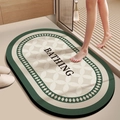 Detailed view of an oval non-slip bath mat with BATHING text and geometric patterns - Straight Edge Round - Diamond Grid - Skin-Friendly Type / Green / 40x60cm