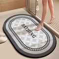 Close-up of oval anti-slip bath mat with Bathing text and geometric patterns - Straight Edge Round - Diamond Grid - Skin-Friendly Type / Premium Grey / 40x60cm