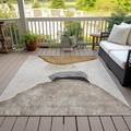 Detail of a modern geometric outdoor rug with abstract pebble shapes on a wooden deck - Earth Tone Abstract Pebble Pattern (SBT-JIANYUE-10) / 40cmx60cm (Skin-friendly Fleece)