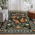 Vintage butterfly faux cashmere area rug with orange floral accents on dark wood floor - 40x60cm Imitation Cashmere / Dark Base-Orange Black Butterfly (MJX-Retro-3)