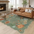 Detailed close-up of a vintage butterfly rug with scalloped edges and floral patterns - 40x60cm Imitation Cashmere / Sage Green-Pastoral Floral Butterfly-Wavy Edge (MJX-Retro-5)