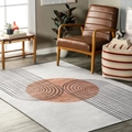 Detailed view of Mid-century Modern geometric carpet on wooden floor in living room - Mid-century Modern Grey Orange Pattern (SBT-JIANYUE-15) / 40x60cm (Skin-friendly Velvet)