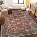 Overhead view of large Persian style area rug with vintage rusty red geometric patterns - 40*60cm (Skin-friendly Velvet) / Vintage Red and Blue Medallion Style (BBS-17)