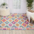 Detailed top-down shot showing the thick bohemian geometric texture of the colorful area rug - Bohemian Geometric (Orange/Cyan/Rose/Gray) / 40x60cm