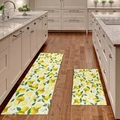 Lot de deux tapis de cuisine avec motif citron sur sol en bois moderne - Tapis Simple 40cmx60cm / Citron Frais Feuilles Vertes (M-3)