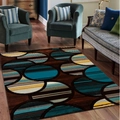 Alfombra abstracta moderna con círculos geométricos azul y amarillo para el salón - Rayas de Círculos Abstractos (Verde Azulado/Marrón/Amarillo/Beige) / 40x60cm