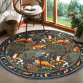 Alfombra redonda con ilustración de zorros en el bosque sobre suelo de madera - 40*40cm / Negro-Falso Cachemir