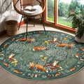 Alfombra redonda bosque con zorros y árboles, colocada en un ambiente de salón acogedor - 40*40cm / Verde-Falso Cachemir