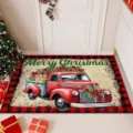 Christmas door mat with red vintage truck, Merry Christmas text and buffalo plaid border - Style 4 / 40*60cm