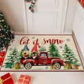 Christmas entrance mat with red truck and gnome design shown in cozy home holiday setting - Style 6