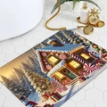Detailed view of a Christmas gingerbread house bath mat on white hexagonal floor tiles - Snow Figures and Candy Decoration Style (JQ240709-7) / 40x60cm Diatom Mud