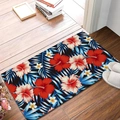Close-up of tropical floral pattern on absorbent diatom mud mat over wooden floor - Hibiscus