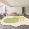 Detail of irregular faux cashmere rug with olive green and ginger yellow abstract art - Blue Frost