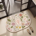 Détail macro du tapis ovale en diatomite avec motif floral vintage et texture absorbante - Terre de Diatomée / Fleurs de Jardinage Vintage (Ovale)