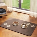 Quick-dry pet feeding mat with paw prints, holding two bowls on a wooden floor - 30*40cm / Skin-Friendly Fleece / Dark Coffee Paw Print (Style 11)