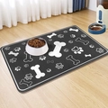 Cartoon dog bone print absorbent pet feeding mat with food bowl on wood floor - 30*40cm / Skin-Friendly Fleece / Black (Dog Mat—25)