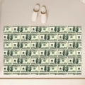 Overhead view of dollar bill pattern absorbent floor mat and white indoor slippers - Mj0807-6 / 40*60cm (Skin-friendly Velvet)