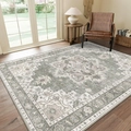 Detail view of sage green Persian style rug with intricate ivory floral patterns on wood floor - Syt625 Retro Persian Style (8) / 40*60cm (Skin-friendly Velvet)