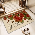 Detail of linen bath mat showing vintage floral bees pattern and Gather text with non-slip base - Small (Linen Diatom Mud) / Flourishing