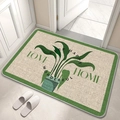 Detail of floral linen bath mat with tropical leaves and home text at door - American Pastoral Floral Pattern 05
