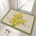 Detail view of floral diatomite bathroom mat with yellow mimosa and Happiness text - American Pastoral Floral Pattern 14