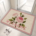 Close-up of linen texture floral welcome bath mat with pink rose pattern and border - American Pastoral Floral Pattern 15
